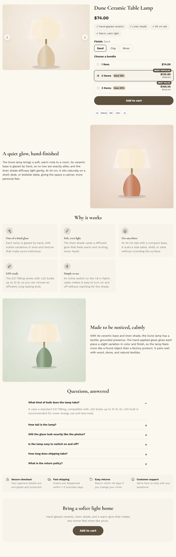 A full product page built with the Home decor template, for the sample product "Dune Ceramic Table Lamp"