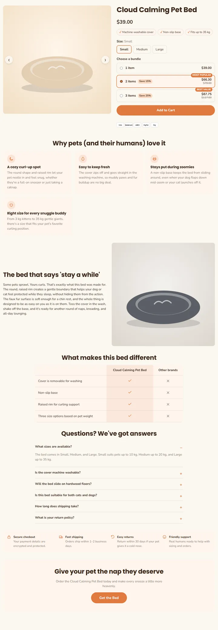 A full product page built with the Pet template, for the sample product "Cloud Calming Pet Bed"