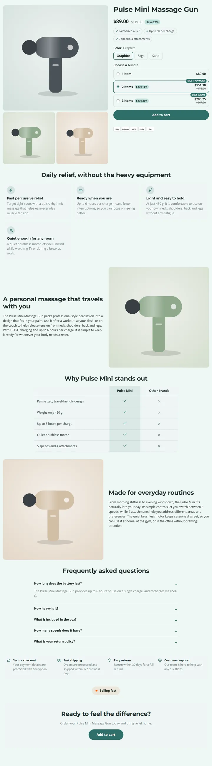 A full product page built with the Health & massage template, for the sample product "Pulse Mini Massage Gun"
